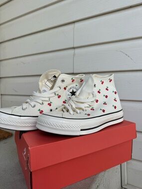 Converse High Top Sneakers - White with Red Cherry Print